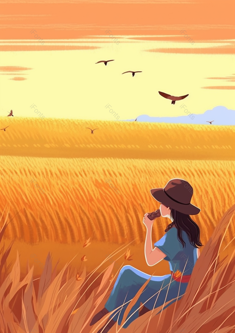 秋天金秋下的成熟麦田麦子和小女孩,插画/手绘图,插画/手绘图库,插画/手绘图下载,插画/手绘